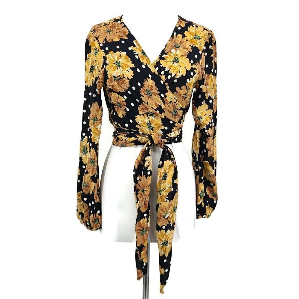 New Flynn Skye Thats A Wrap Blouse Womens S Crop Top Black Yellow Floral LS
